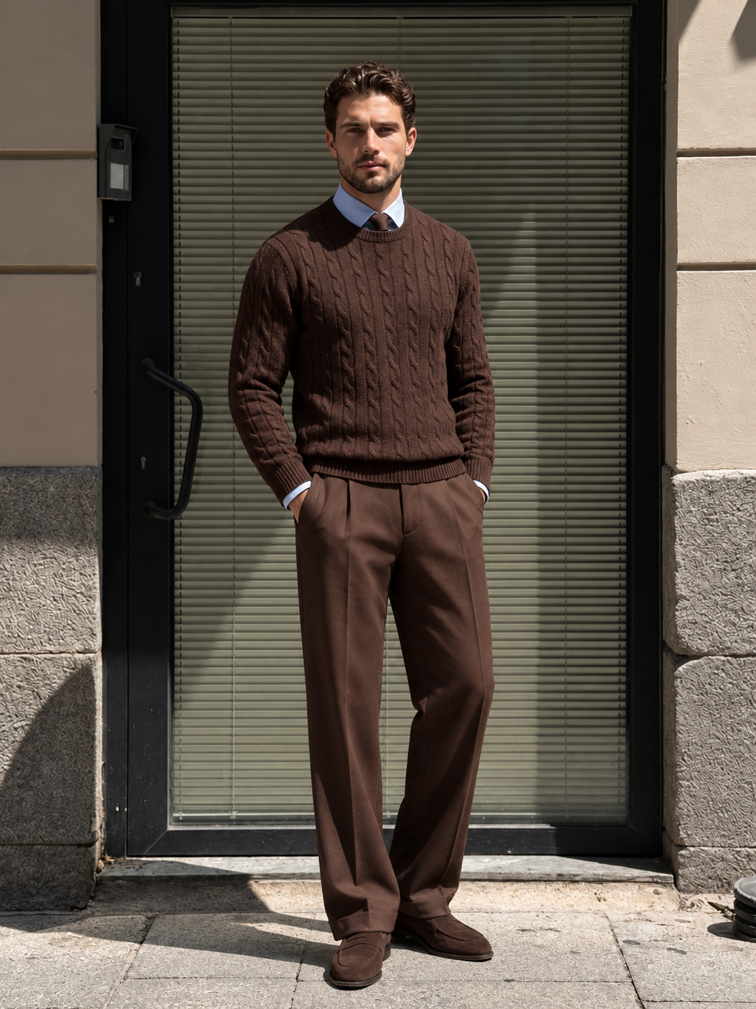 Maglione da uomo in maglia a trecce con girocollo e bordi a coste