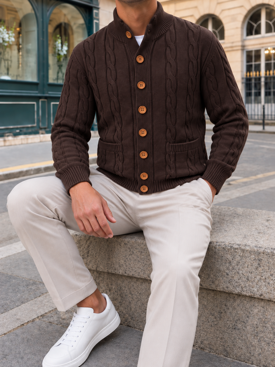 Cardigan Homme Maille Torsadée Boutonné Avec Petit Col Montant