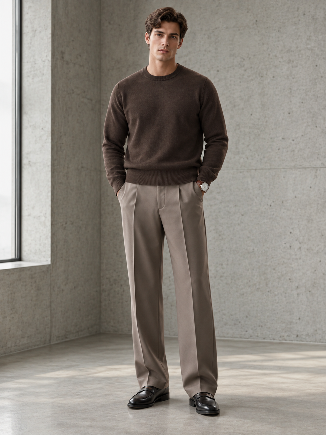 Pullover da uomo in maglia tinta unita con scollo rotondo e bordi a coste
