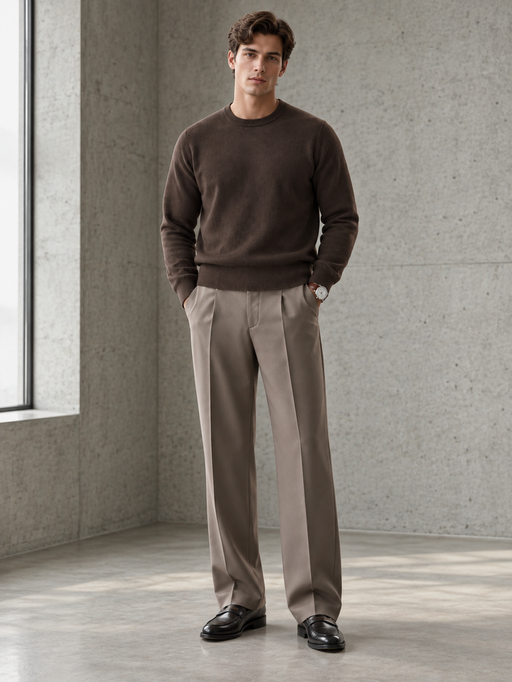 Pullover da uomo in maglia tinta unita con scollo rotondo e bordi a coste