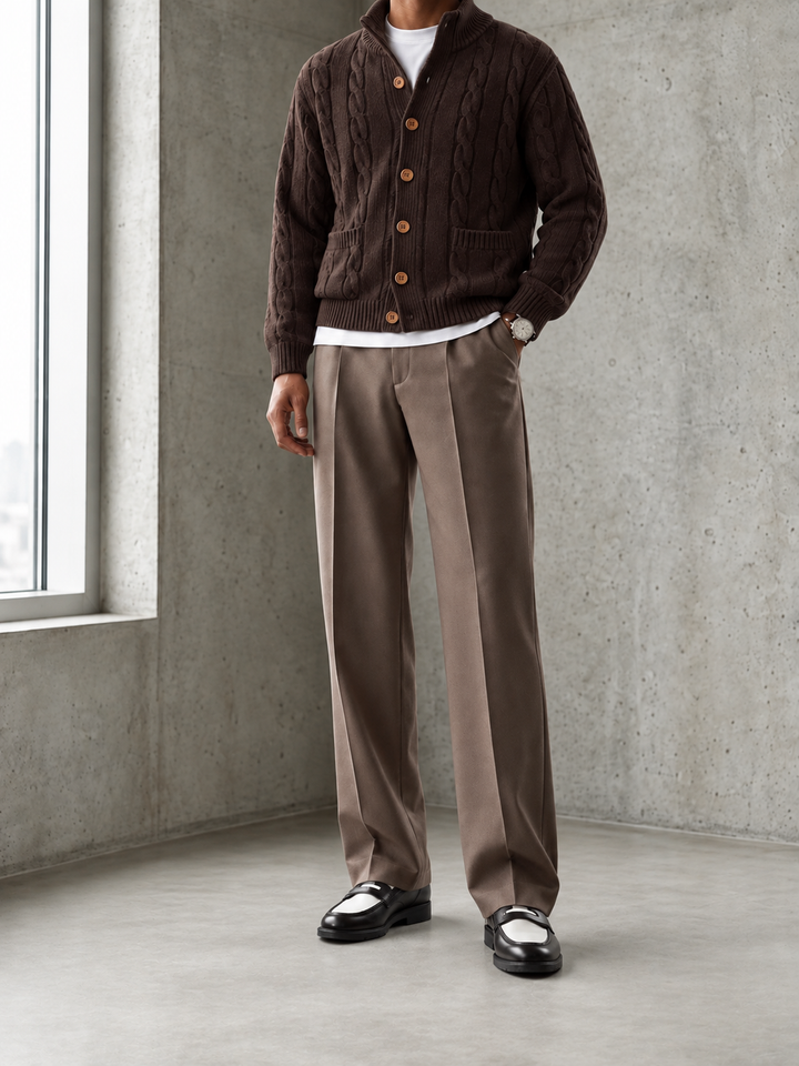 Cardigan Homme Maille Torsadée Boutonné Avec Petit Col Montant