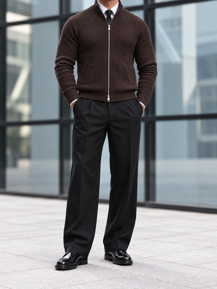 Cardigan Homme Maille Zip Intégral Col Montant Et Bords Côtelés