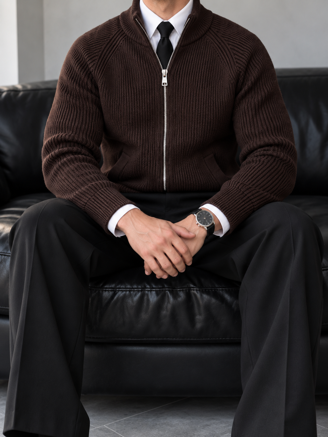 Cardigan Homme Maille Zip Intégral Col Montant Et Bords Côtelés