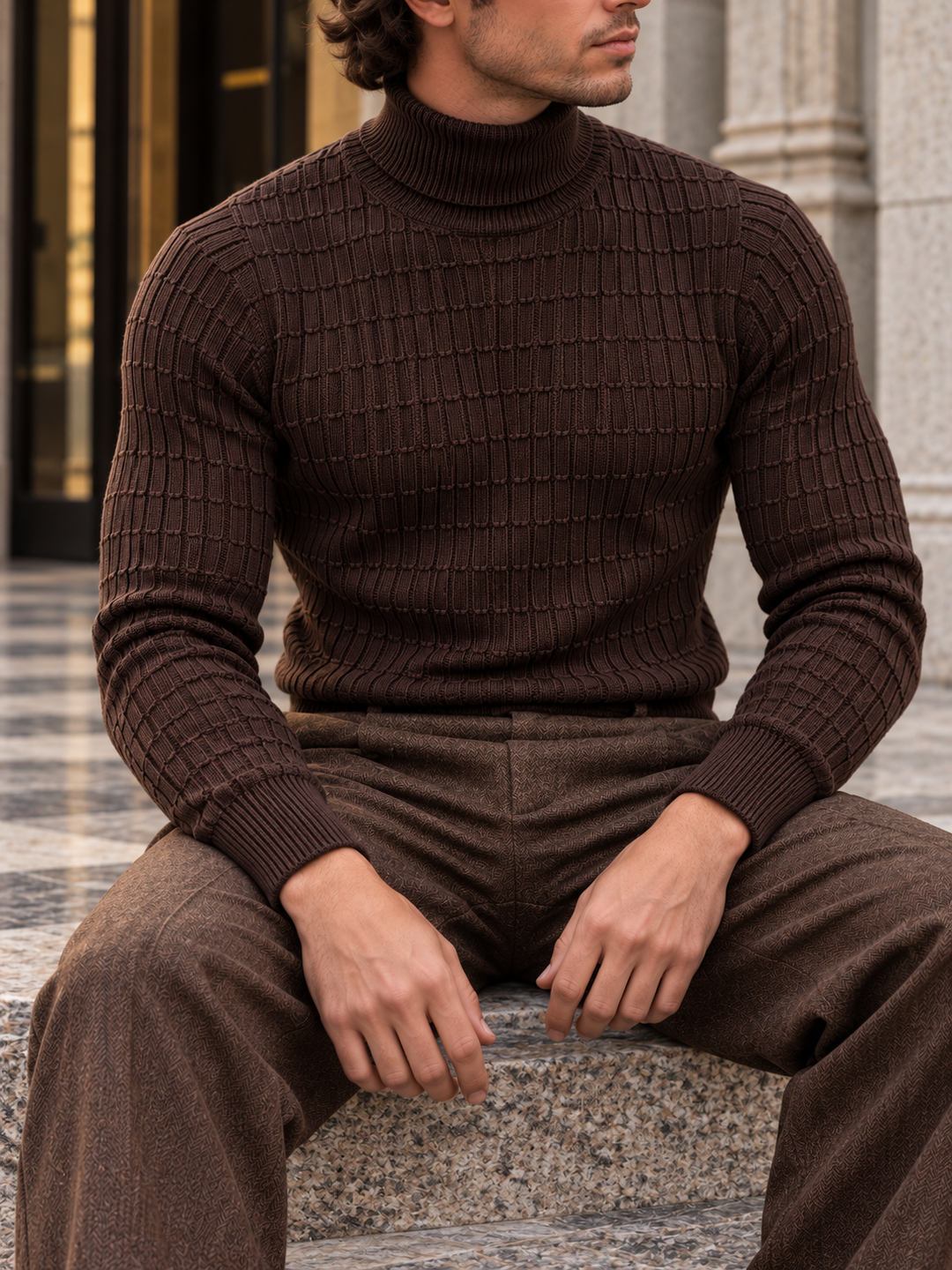 Pull Col Roulé Homme Côtes Verticales En Maille