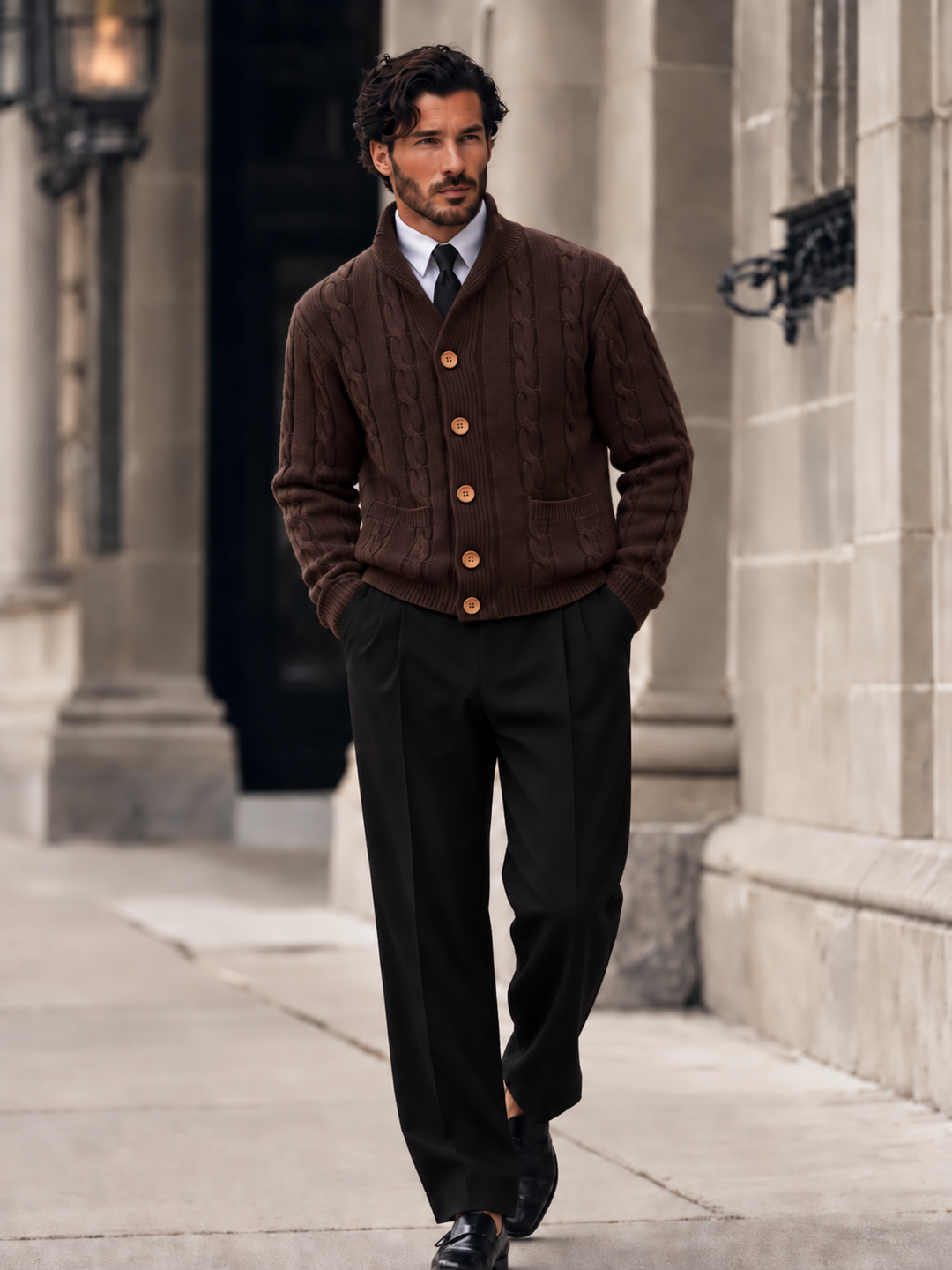 Cardigan Homme Maille Torsadée Boutonné Avec Petit Col Montant