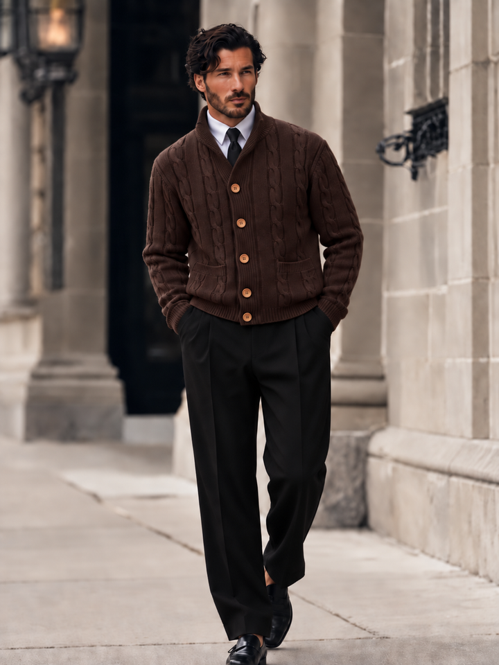 Cardigan Homme Maille Torsadée Boutonné Avec Petit Col Montant