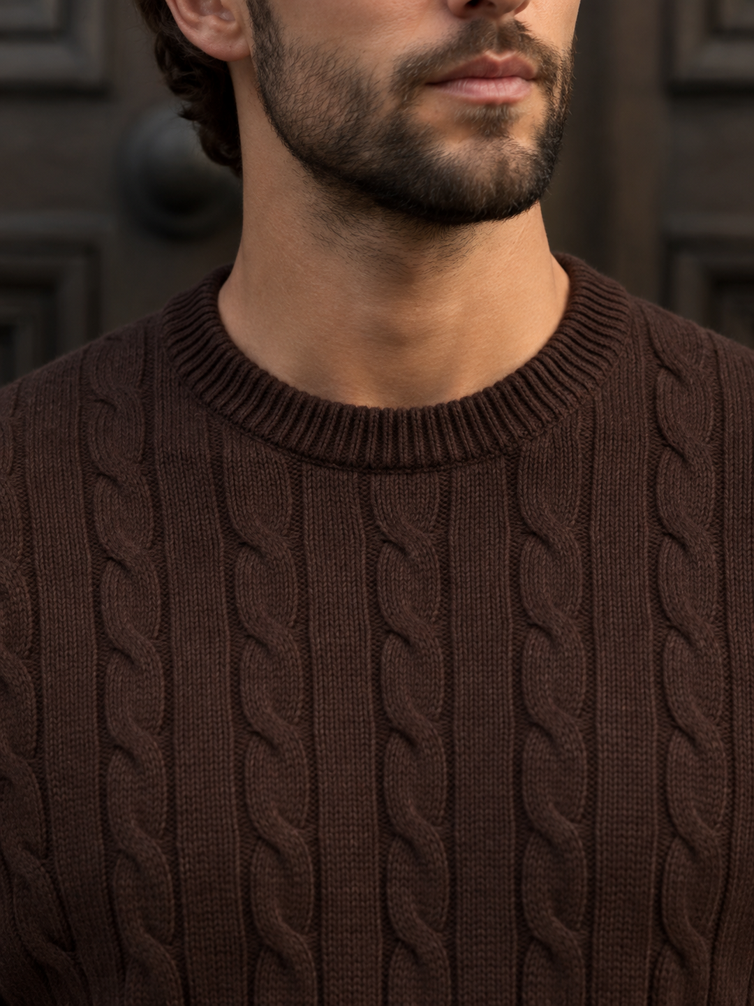 Maglione da uomo in maglia a trecce con girocollo e bordi a coste