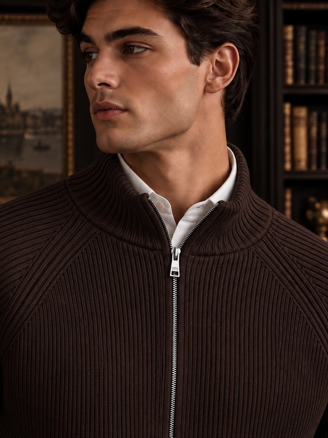 Cardigan Homme Maille Zip Intégral Col Montant Et Bords Côtelés
