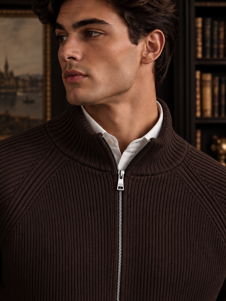 Cardigan Homme Maille Zip Intégral Col Montant Et Bords Côtelés