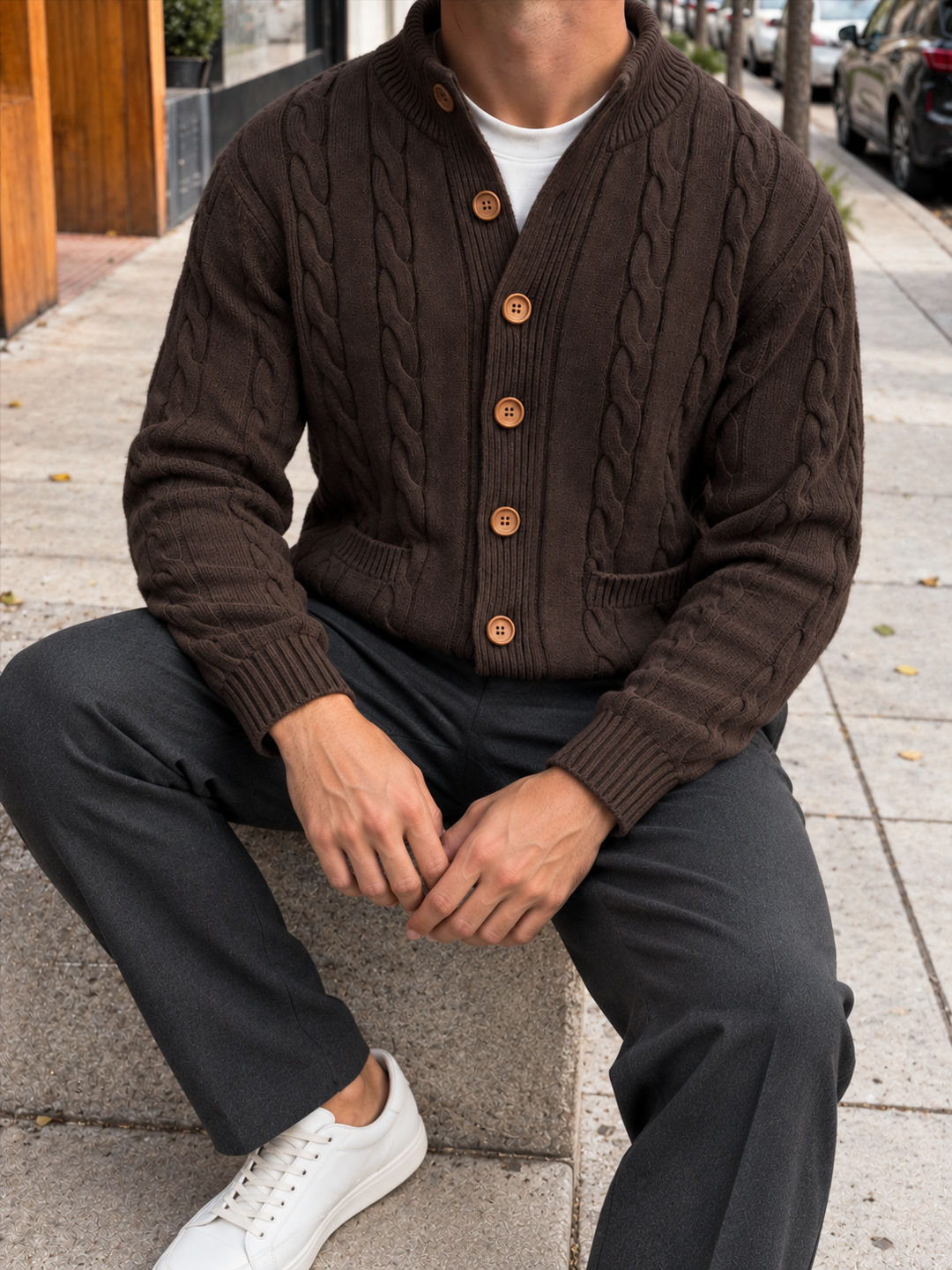 Cardigan Homme Maille Torsadée Boutonné Avec Petit Col Montant