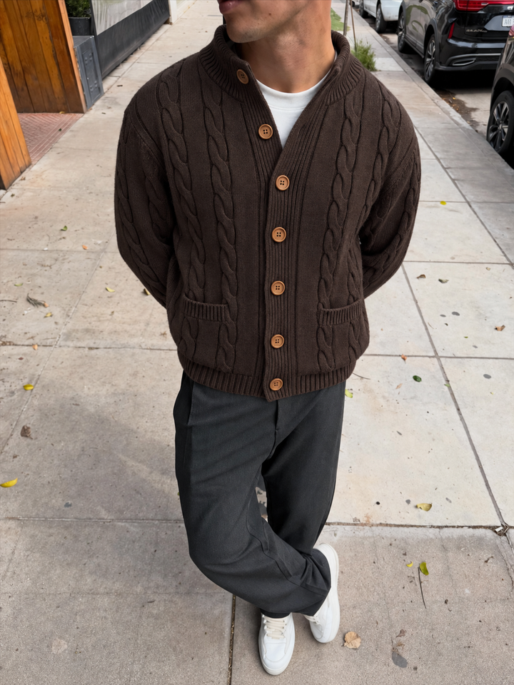Cardigan Homme Maille Torsadée Boutonné Avec Petit Col Montant
