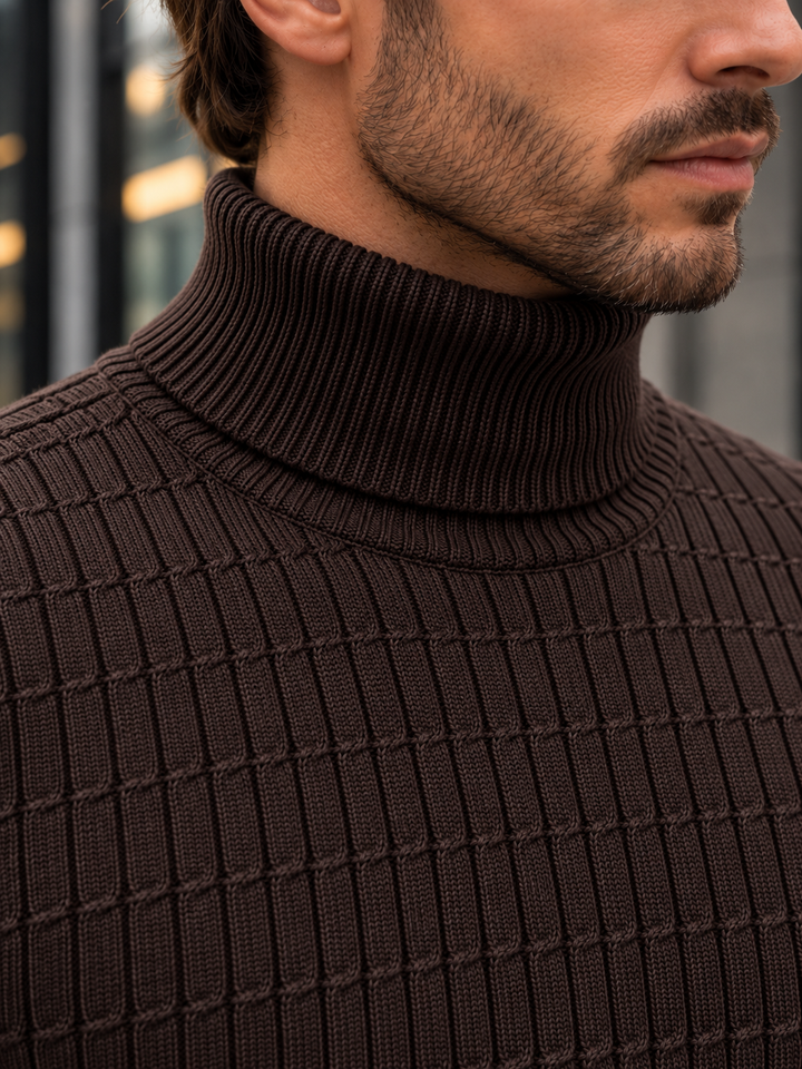 Pull Col Roulé Homme Côtes Verticales En Maille