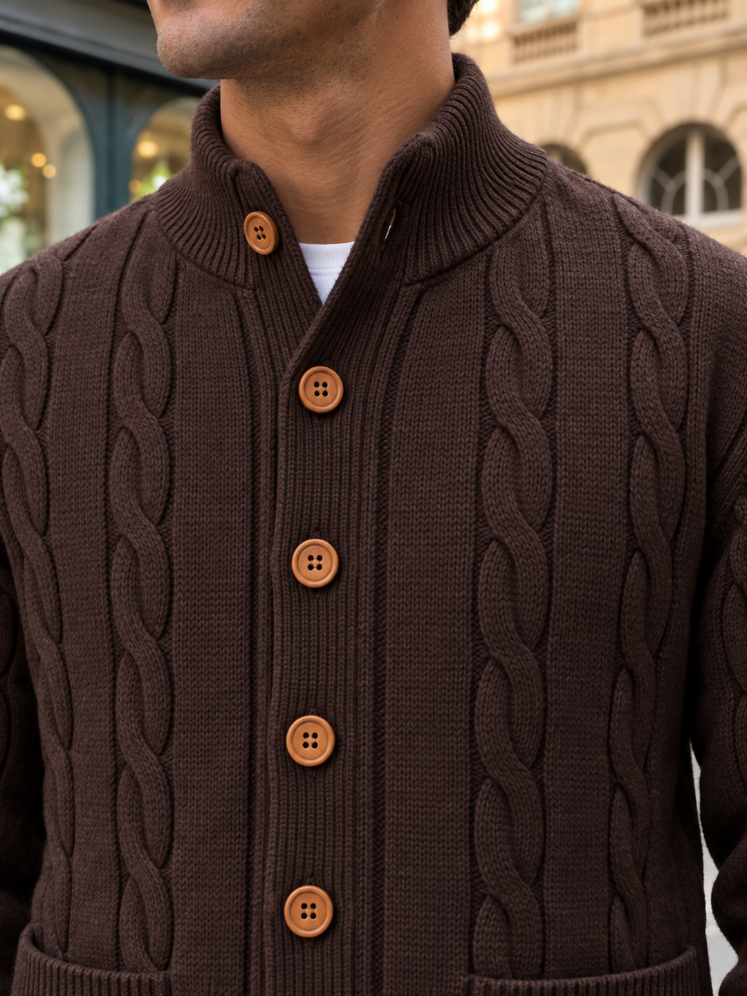 Cardigan Homme Maille Torsadée Boutonné Avec Petit Col Montant