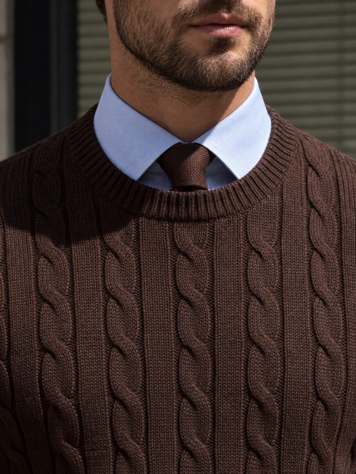 Maglione da uomo in maglia a trecce con girocollo e bordi a coste