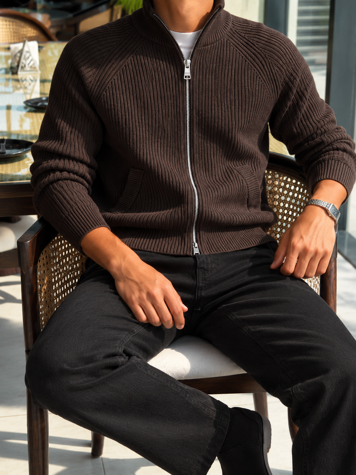 Cardigan Homme Maille Zip Intégral Col Montant Et Bords Côtelés