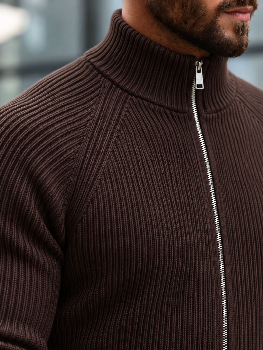 Cardigan Homme Maille Zip Intégral Col Montant Et Bords Côtelés