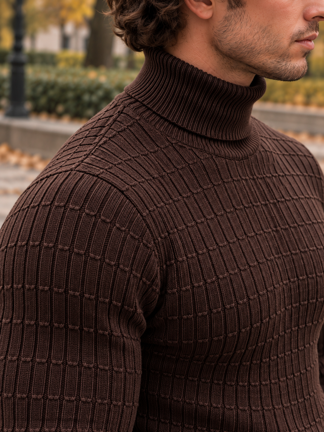 Pull Col Roulé Homme Côtes Verticales En Maille