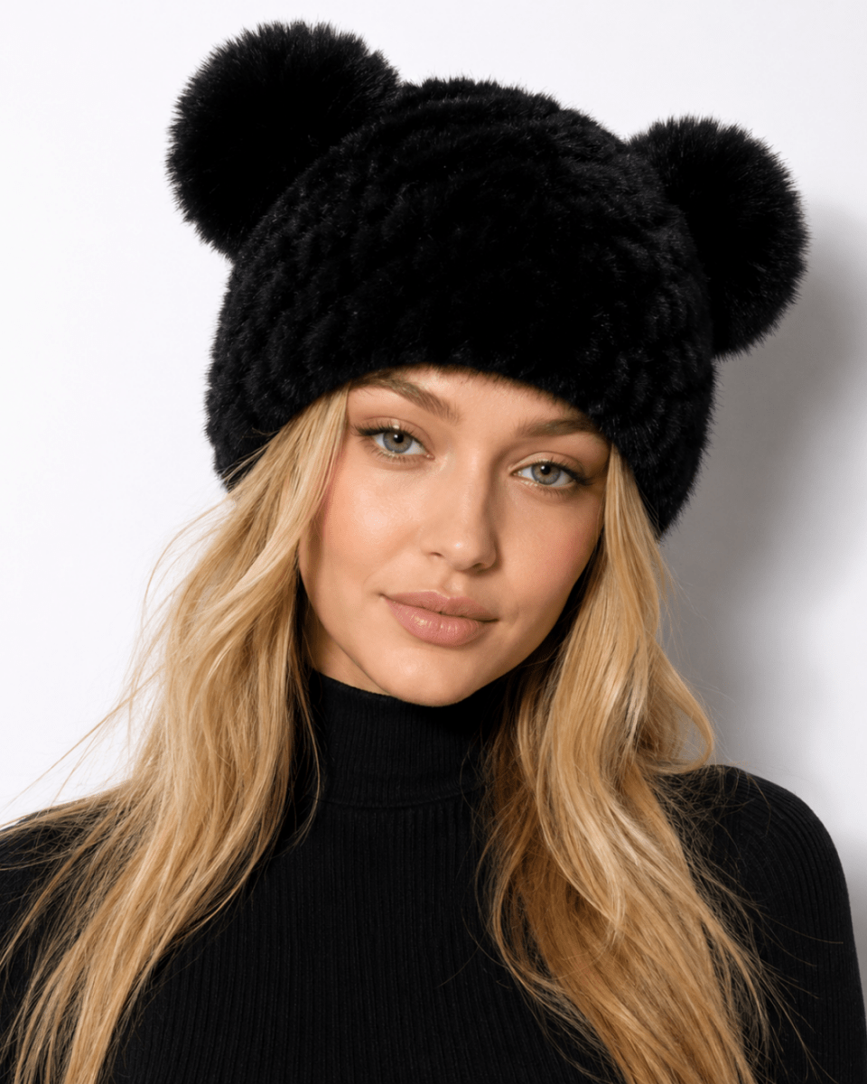 Bonnet de Ski Femme en Fourrure Synthétique Tricoté à Double Pompon