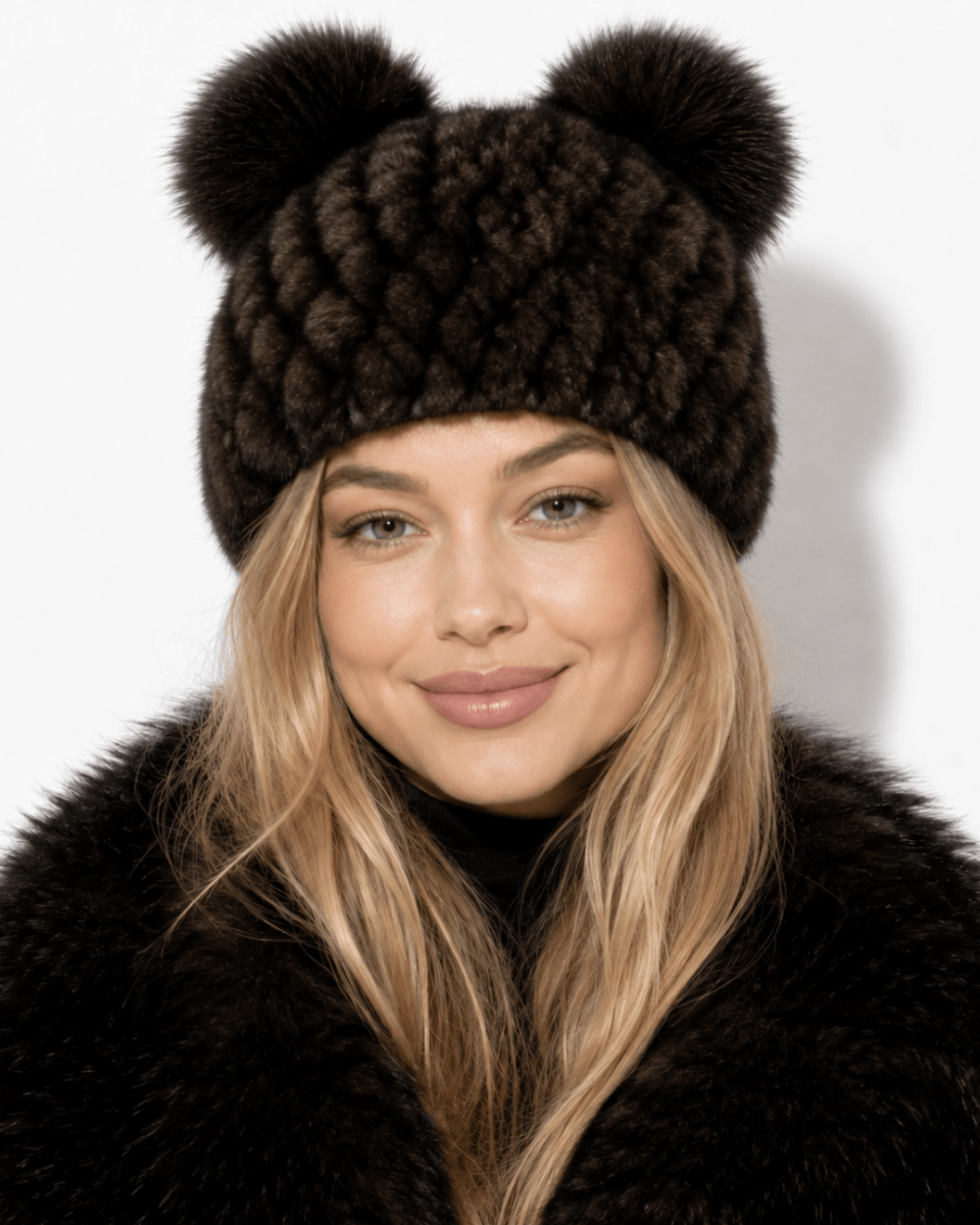 Bonnet de Ski Femme en Fourrure Synthétique Tricoté à Double Pompon