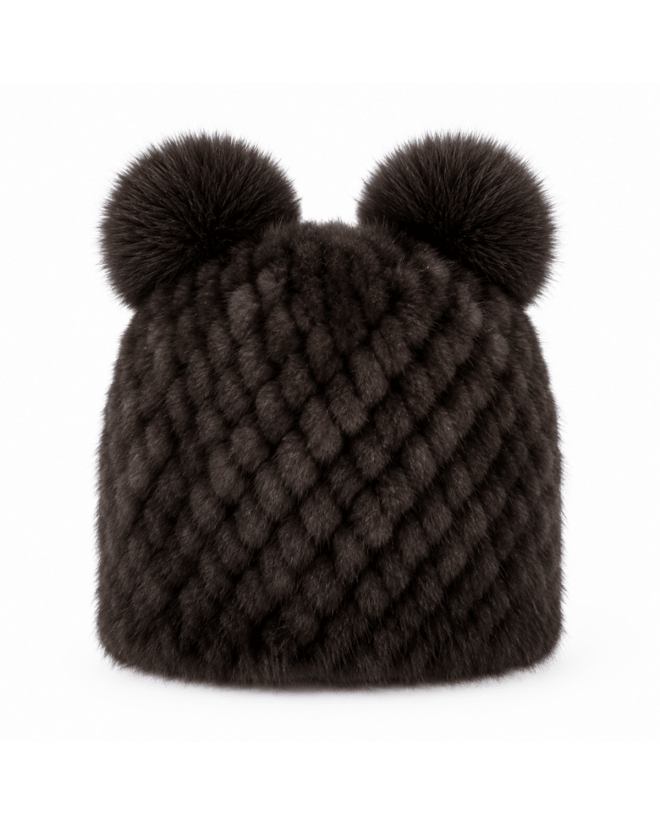 Bonnet de Ski Femme en Fourrure Synthétique Tricoté à Double Pompon