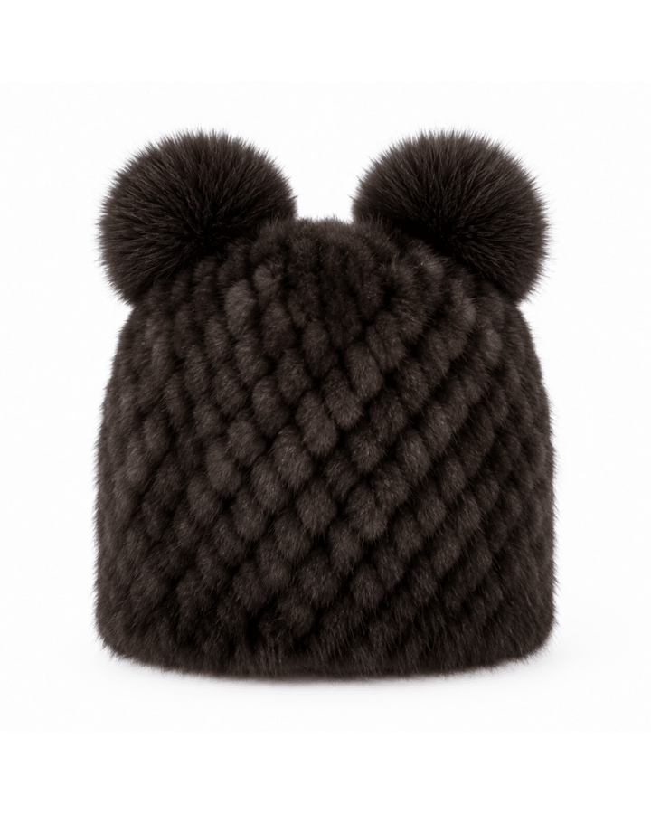 Bonnet de Ski Femme en Fourrure Synthétique Tricoté à Double Pompon