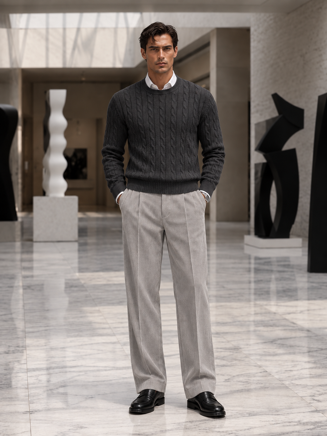 Maglione da uomo in maglia a trecce con girocollo e bordi a coste