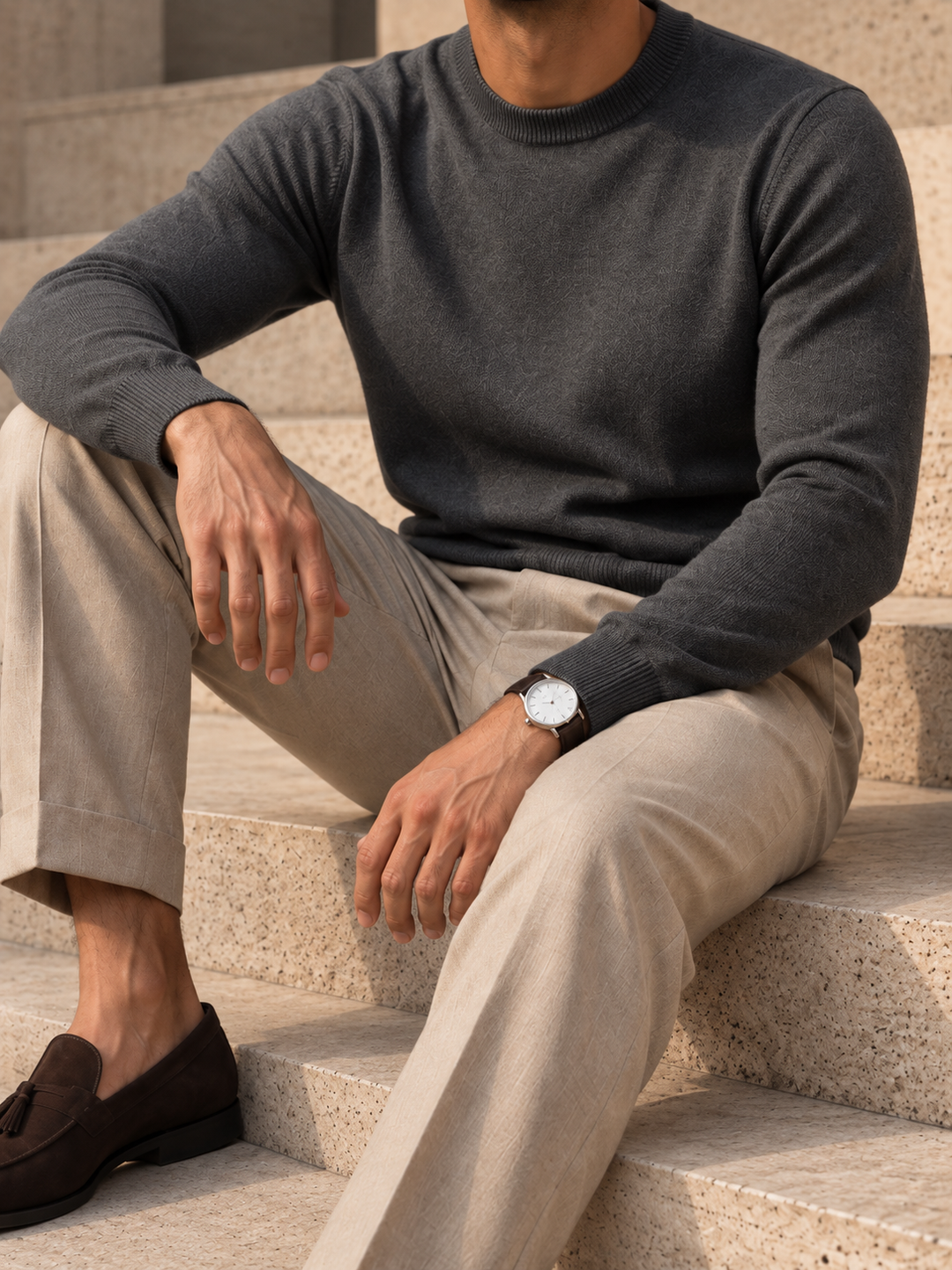 Pullover da uomo in maglia tinta unita con scollo rotondo e bordi a coste
