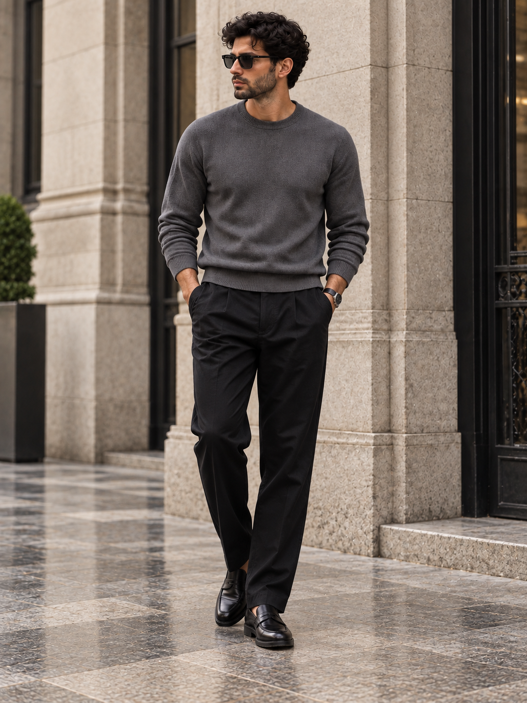 Pullover da uomo in maglia tinta unita con scollo rotondo e bordi a coste