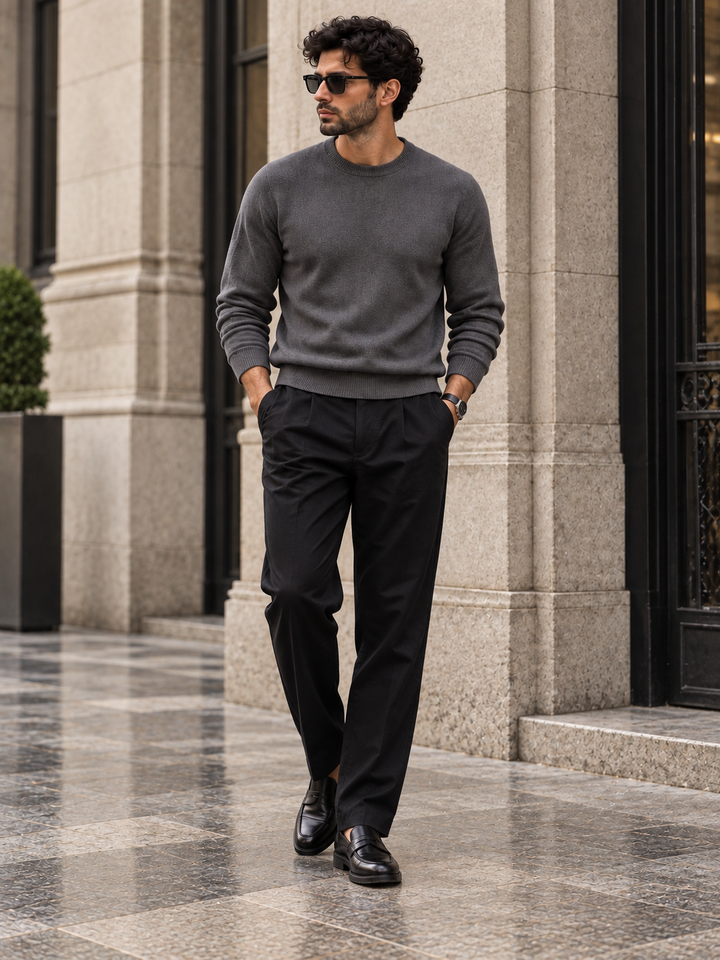 Pullover da uomo in maglia tinta unita con scollo rotondo e bordi a coste