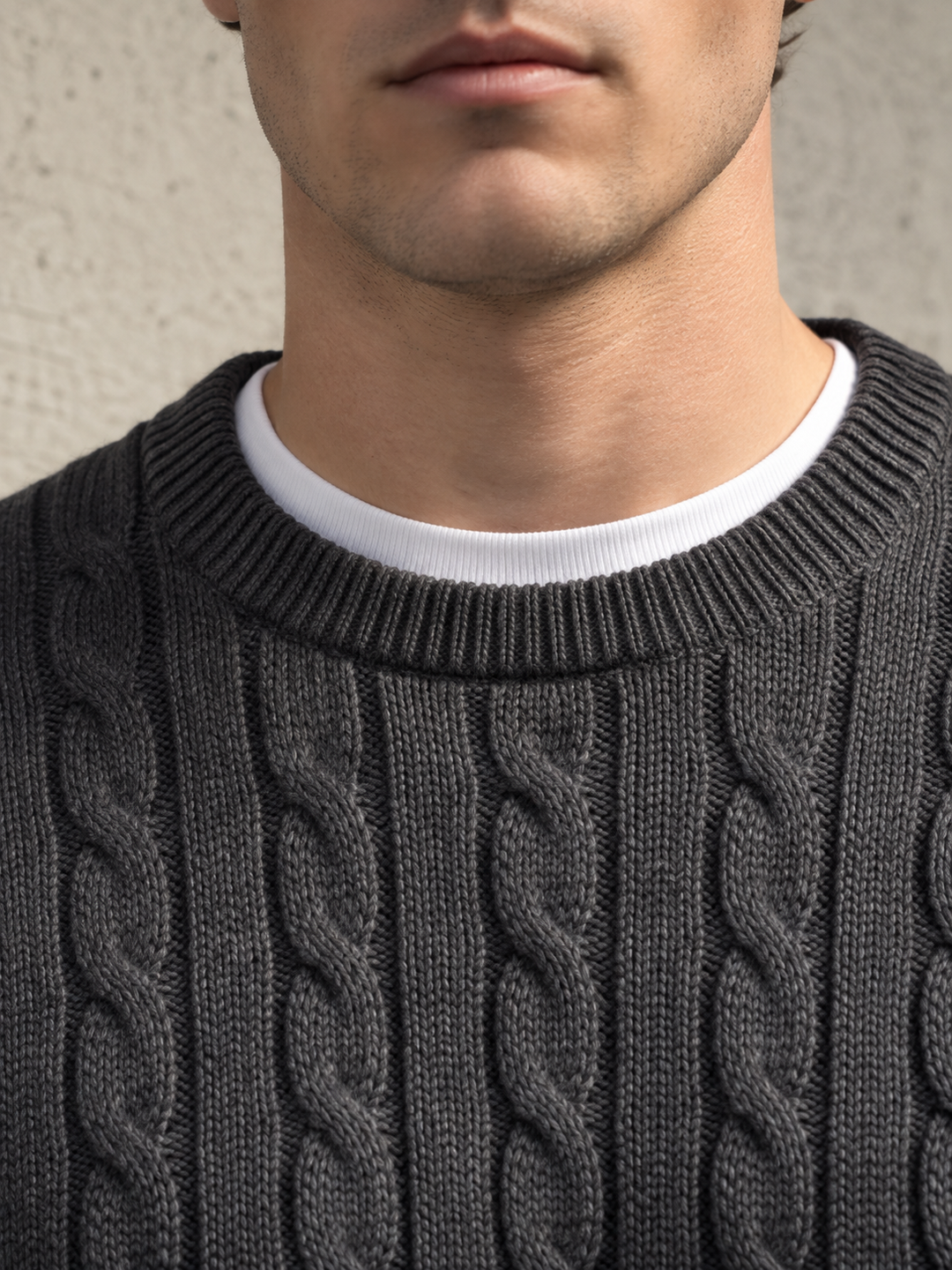 Maglione da uomo in maglia a trecce con girocollo e bordi a coste