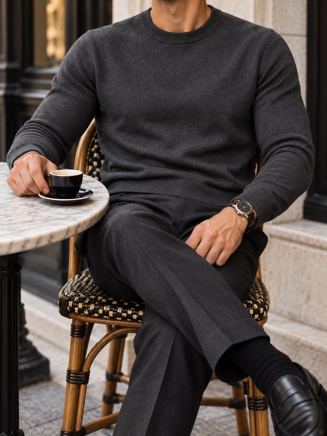 Pullover da uomo in maglia tinta unita con scollo rotondo e bordi a coste