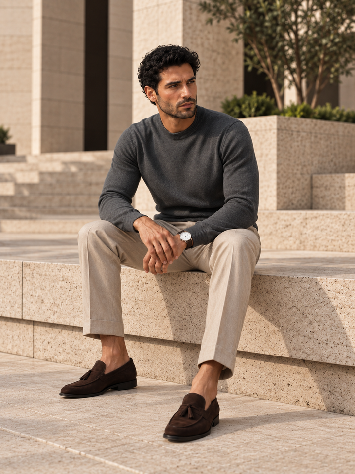 Pullover da uomo in maglia tinta unita con scollo rotondo e bordi a coste