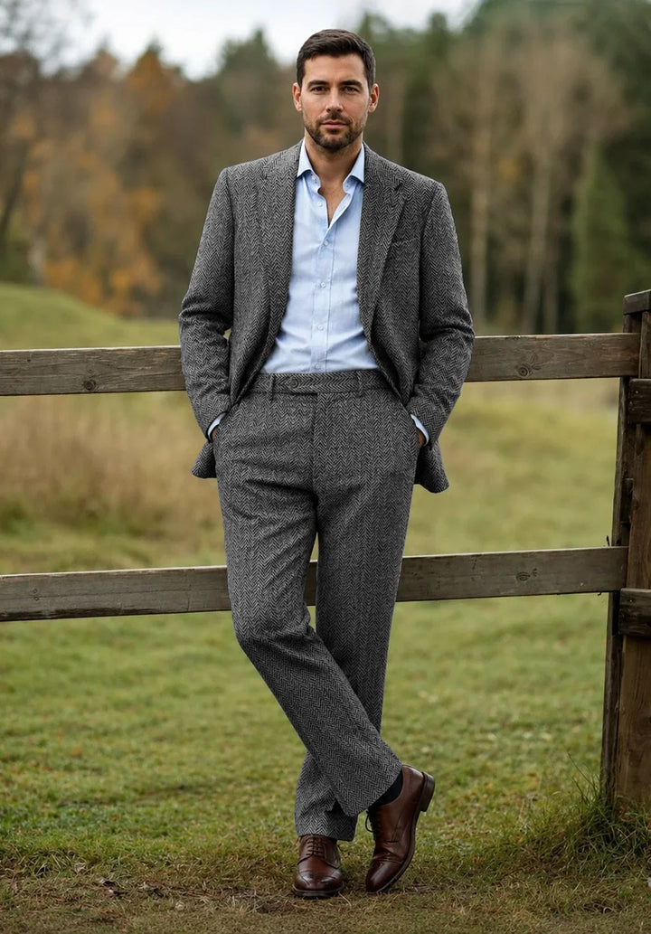 Herredragt i to dele med slim fit, sildebensmønster og enkeltradet jakke