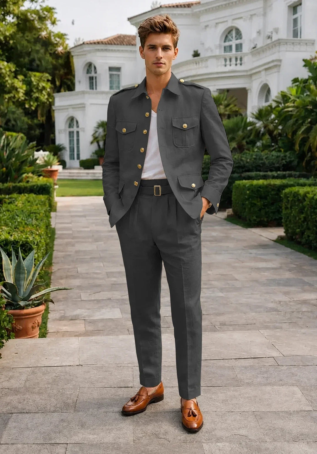 Costume Deux Pièces Homme Coupe Moderne en Mélange de Lin avec Veste Saharienne et Pantalon Plissé