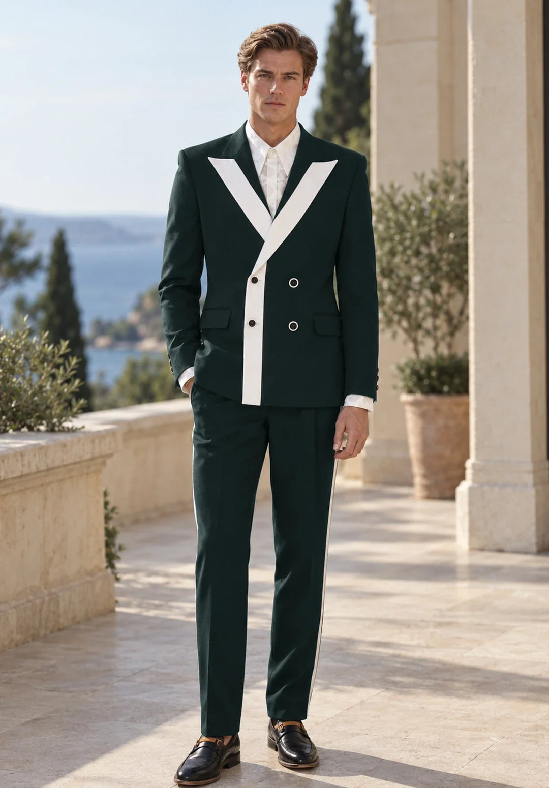 Costume Deux Pièces Homme Coupe Slim avec Panneau Contrastant en V et Deux Boutons