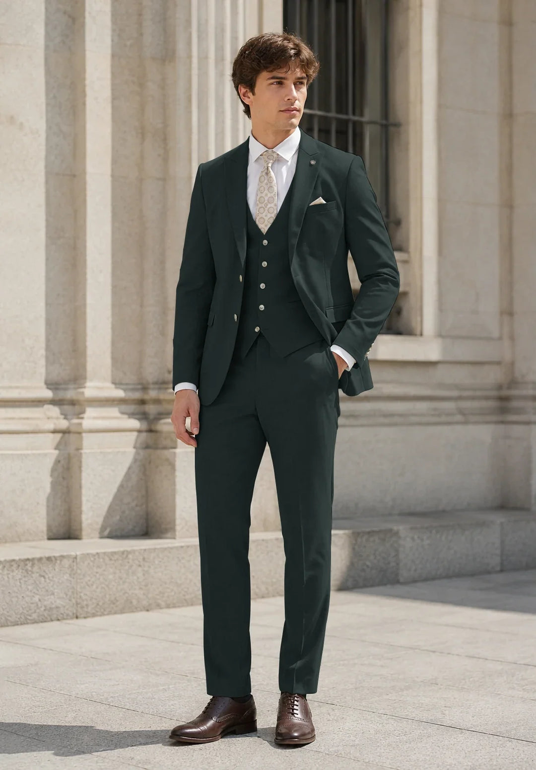 Costume Trois Pièces Homme Coupe Slim avec Col Notch et Gilet Six Boutons