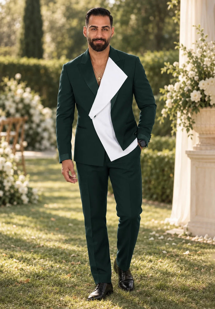 Costume Deux Pièces Homme Coupe Regular avec Panneau Blanc Asymétrique et Col Châle