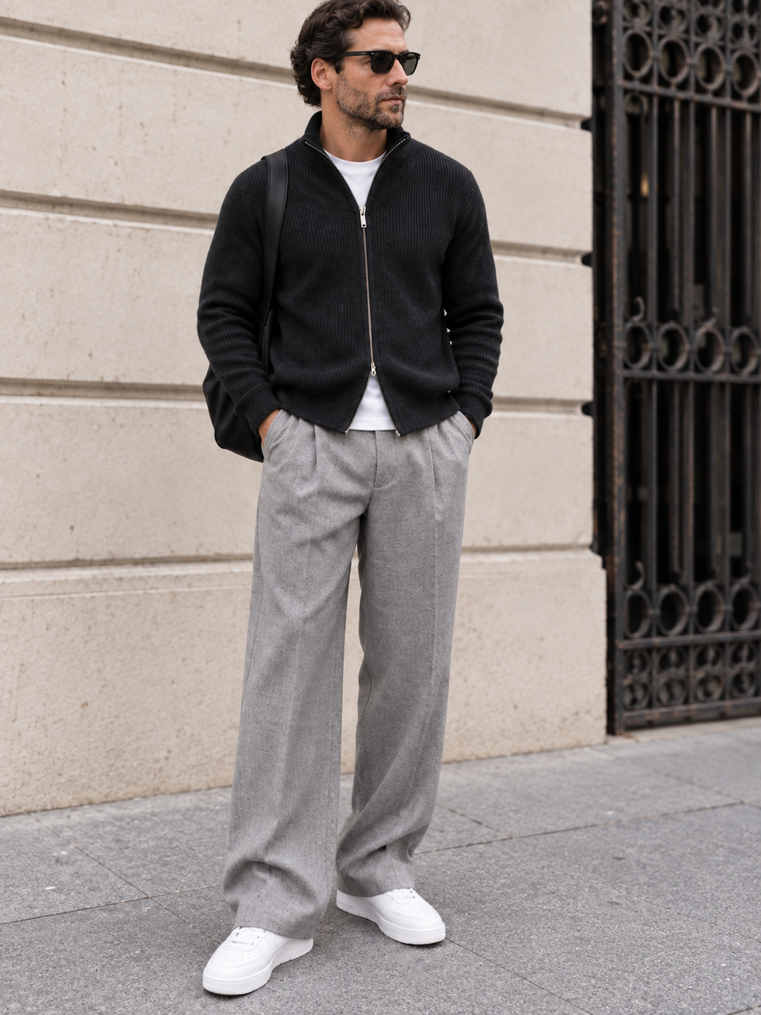 Maglione da uomo in maglia fine con zip integrale, collo rialzato e bordi a coste