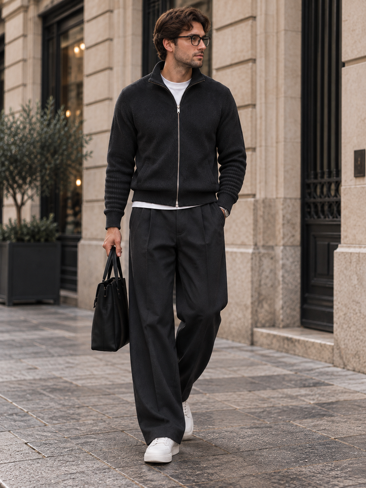 Maglione da uomo in maglia fine con zip integrale, collo rialzato e bordi a coste
