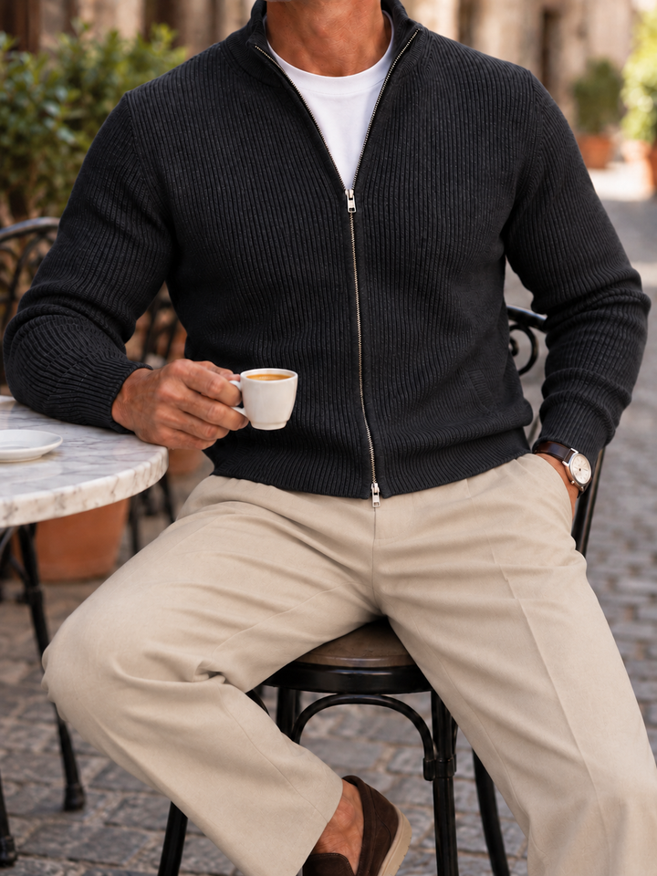 Maglione da uomo in maglia fine con zip integrale, collo rialzato e bordi a coste