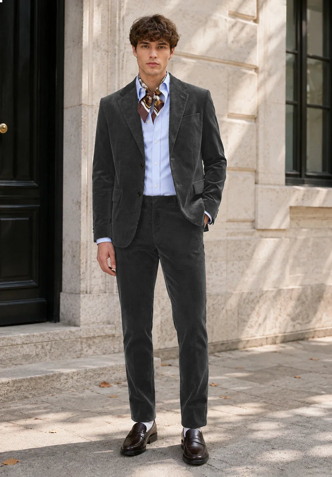 Slim fit-jakkesæt i to dele til mænd i fløjl med hakket revers og påsatte lommer