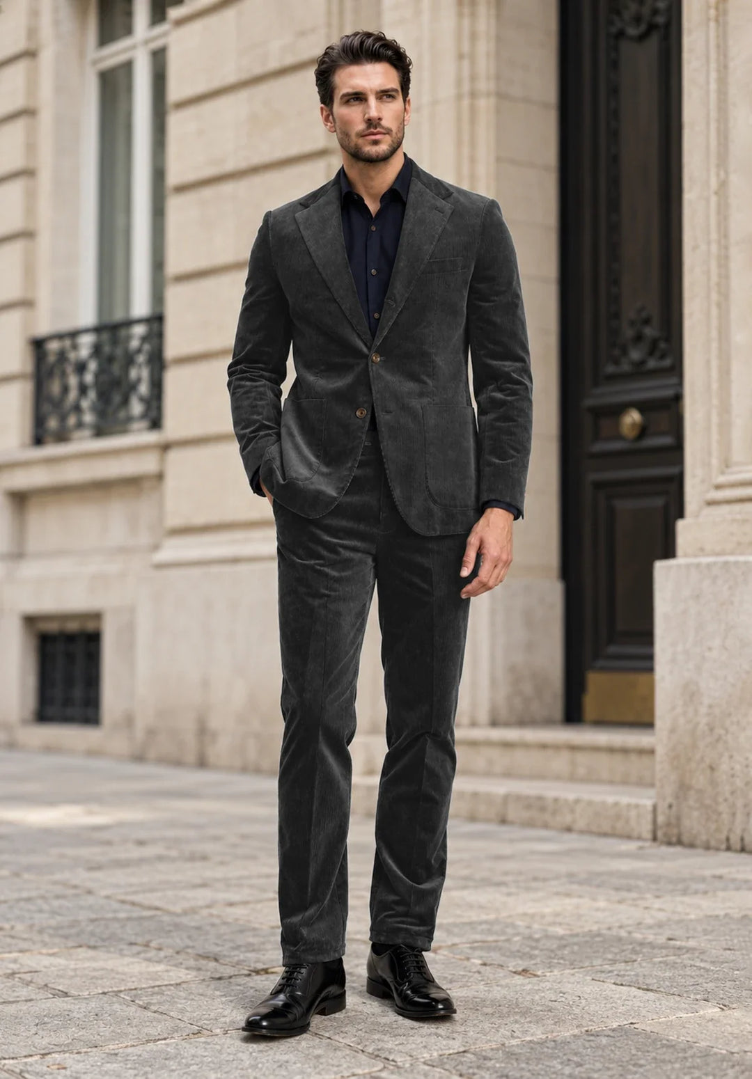 Abito da uomo a due pezzi slim fit in velluto a coste con revers a lancia e taschino sul petto
