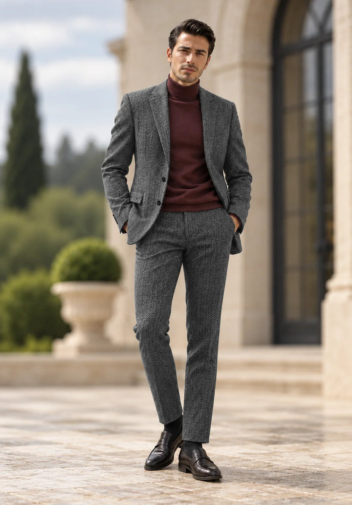 Costume Deux Pièces Homme Coupe Slim en Chevrons avec Col Notch et Poches à Rabat