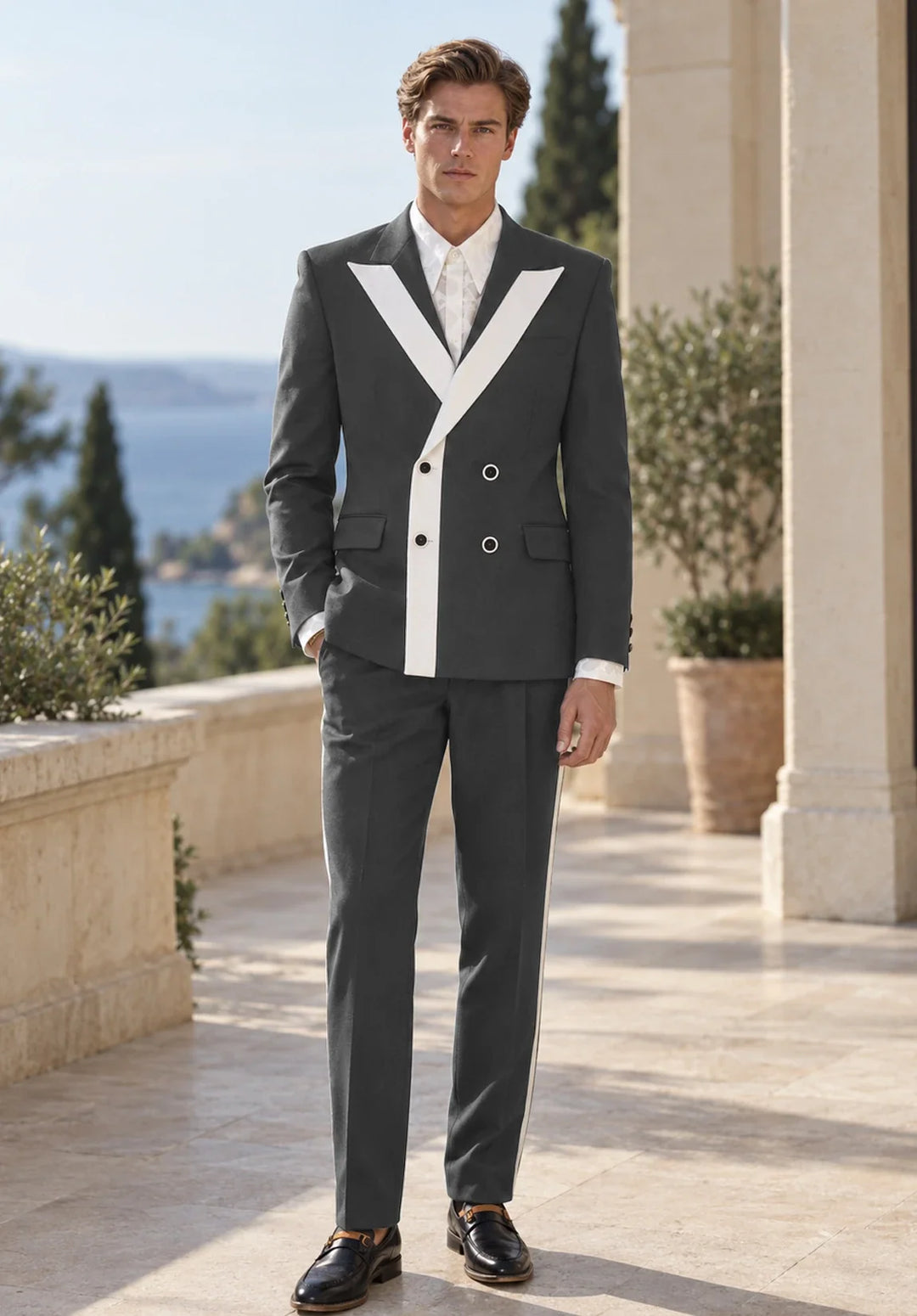 Costume Deux Pièces Homme Coupe Slim avec Panneau Contrastant en V et Deux Boutons
