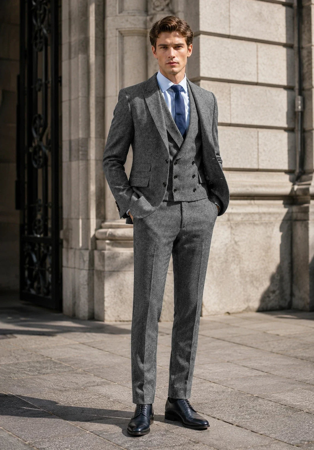 Abito da uomo a tre pezzi slim fit con motivo a spina di pesce, rever a lancia e gilet doppiopetto