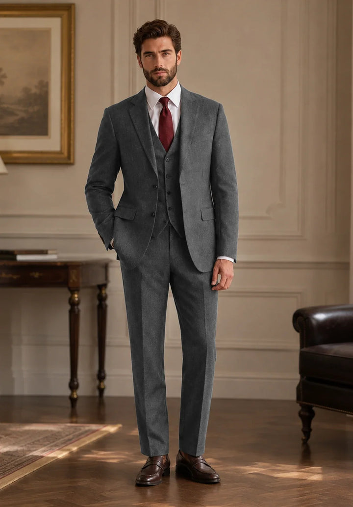 Men’s Regular-Fit Three-Piece Herringbone Suit with Buttoned Vest