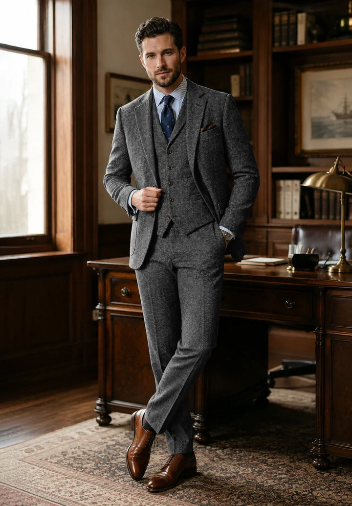 Costume Trois Pièces Homme Coupe Classique en Chevrons avec Gilet Boutonné
