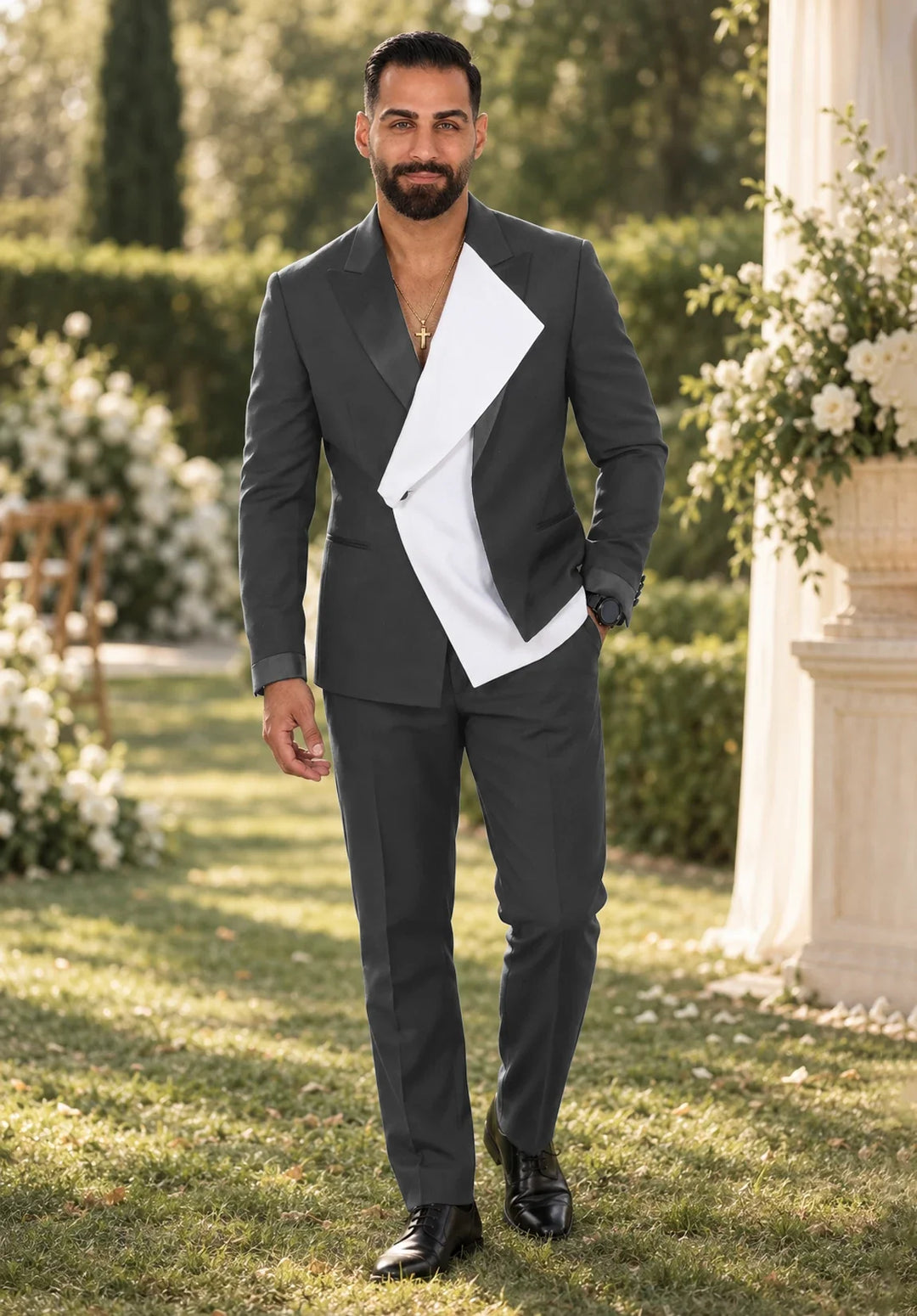 Costume Deux Pièces Homme Coupe Regular avec Panneau Blanc Asymétrique et Col Châle
