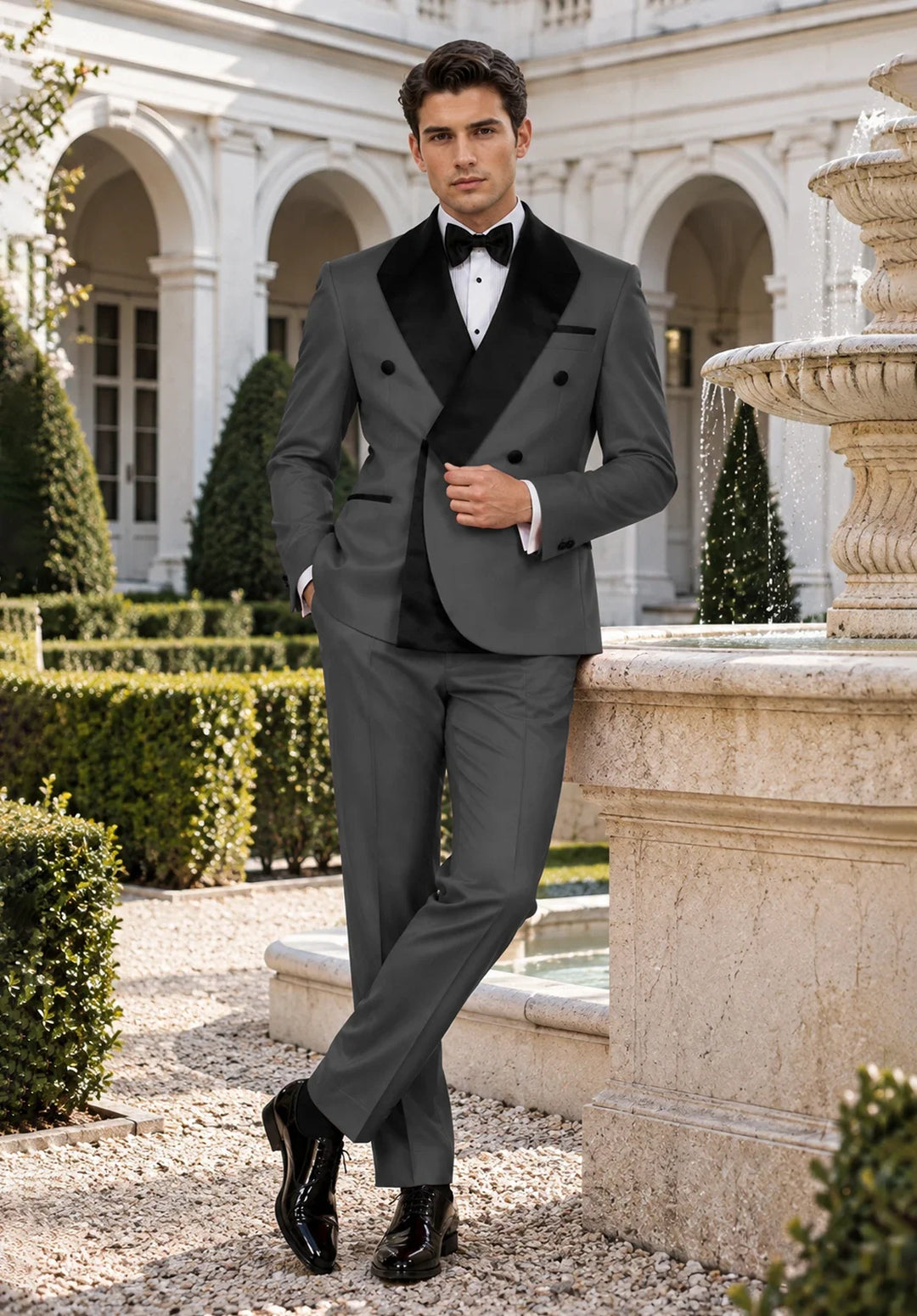 Men's Slim-Fit Double-Breasted Two-Piece Tuxedo Suit with Contrasting Lapel