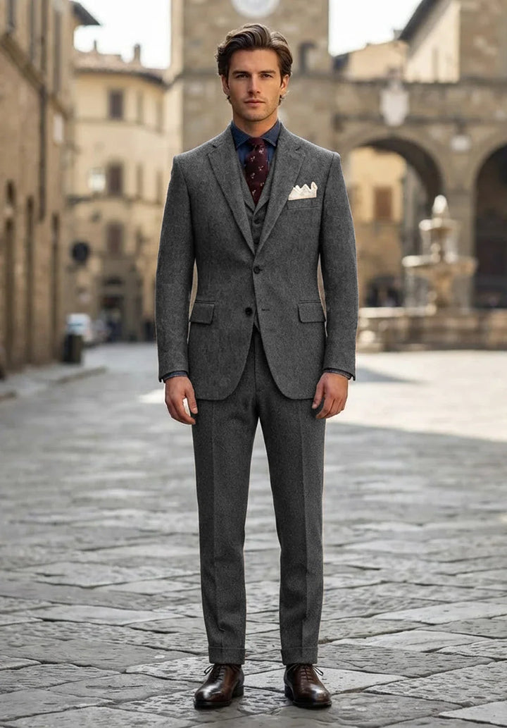 Costume Trois Pièces Homme Coupe Slim en Chevrons avec Col Notch et Poche Poitrine